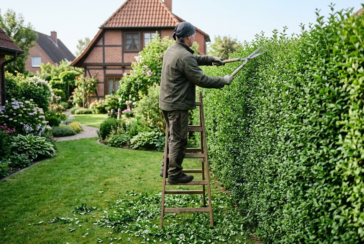 Gärtner auf einer Holzleiter schneidet eine hohe grüne Hecke